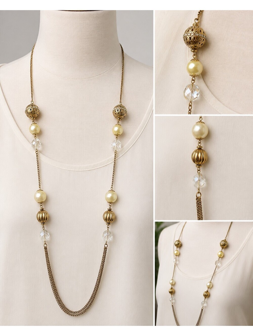 Vintage Gold Tone Faux Pearl Crystal Station Necklace